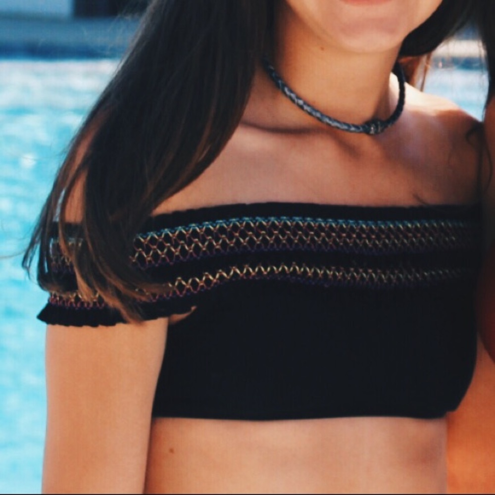 Off the shoulder smocked bikini top